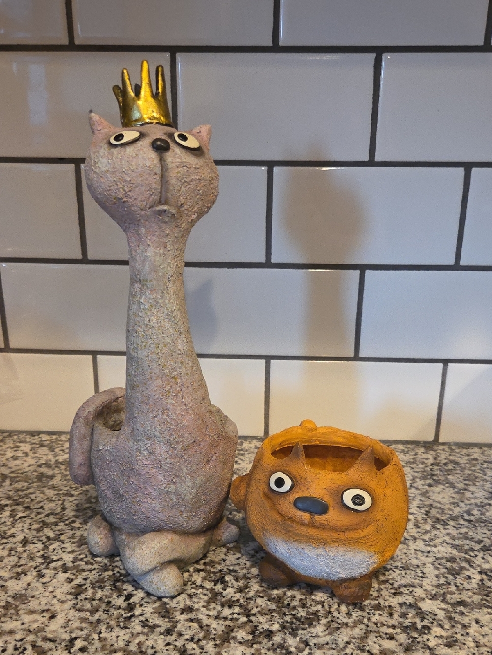 Blob House Whimsical Resin Cat Planter with Crown & Companion Pot